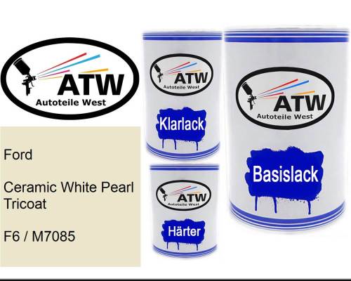 Ford, Ceramic White Pearl Tricoat, F6 / M7085: 500ml Lackdose + 500ml Klarlack + 250ml Härter - Set, von ATW Autoteile West.
